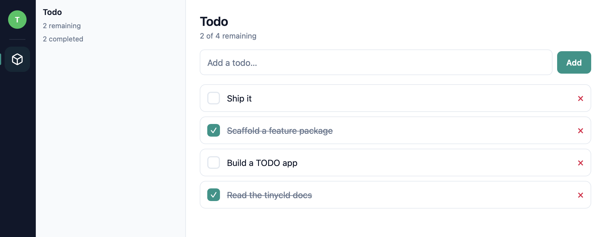 The Todo package running inside TinyCld: its own sidebar entry, a list of four items with two checked off, and an add field.